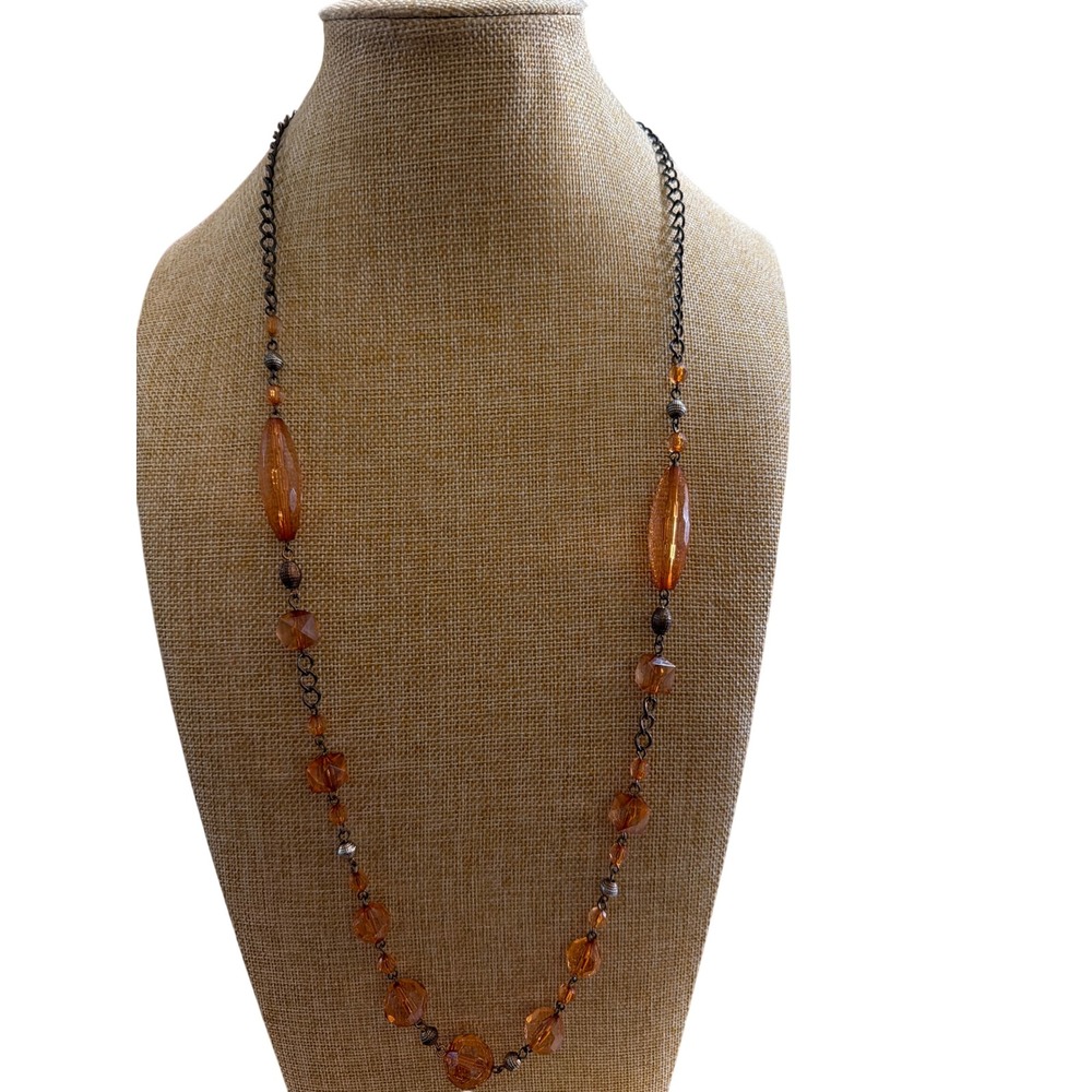 Amber Tone Beaded Station Necklace Bronze Tone Chain Long Boho Faceted Layering